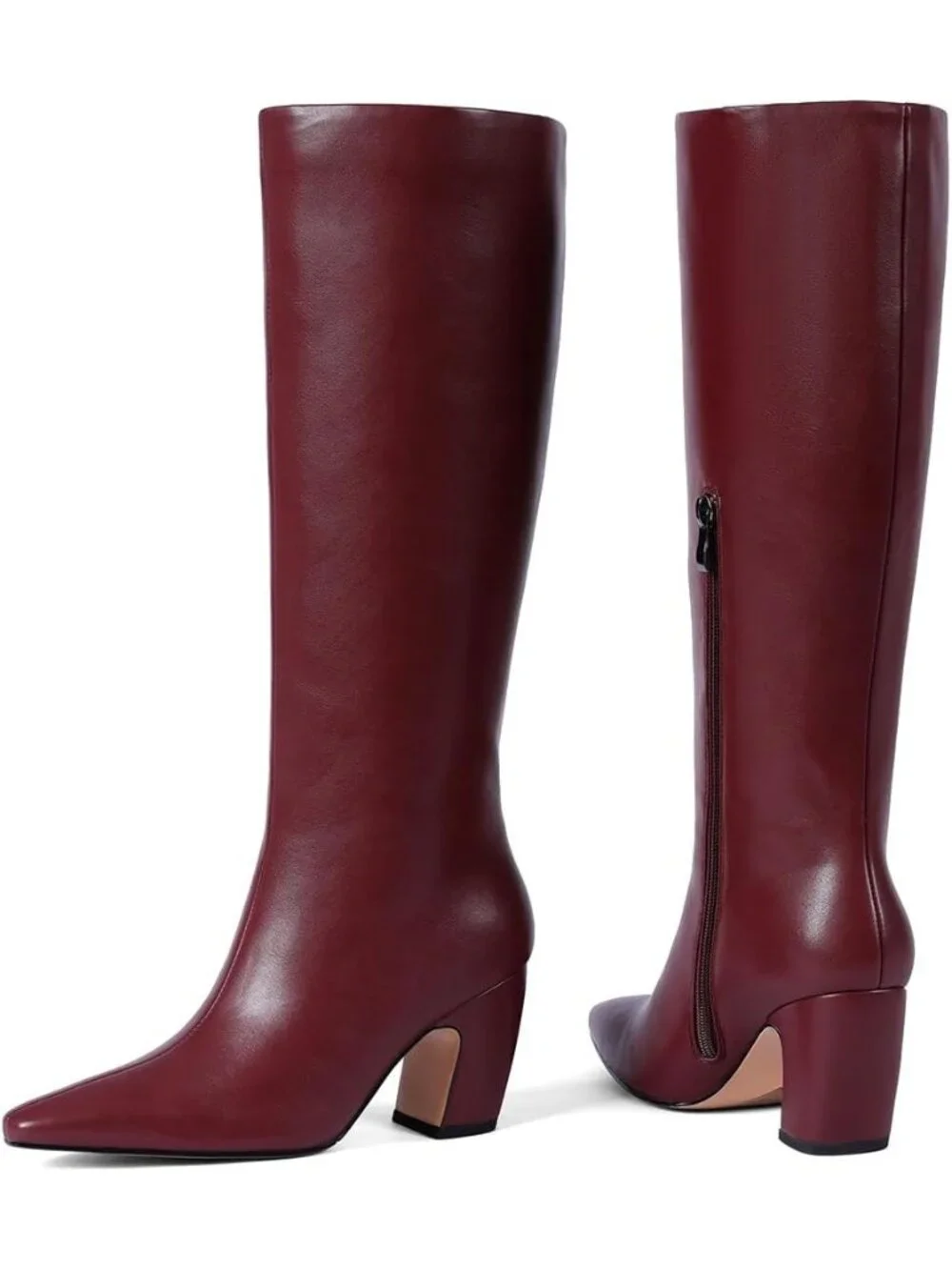 Women's Winered Faux Leather Comfortable Square Toe Chunky High Knee High Boots